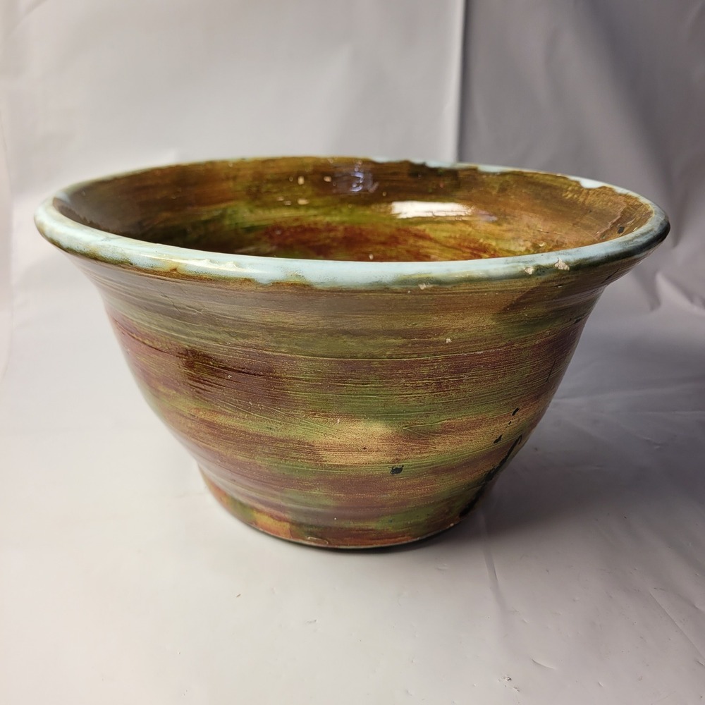 Studio Pottery Bowl Signed PT Green Brown Earth Tone Glazed Ceramic Artisan